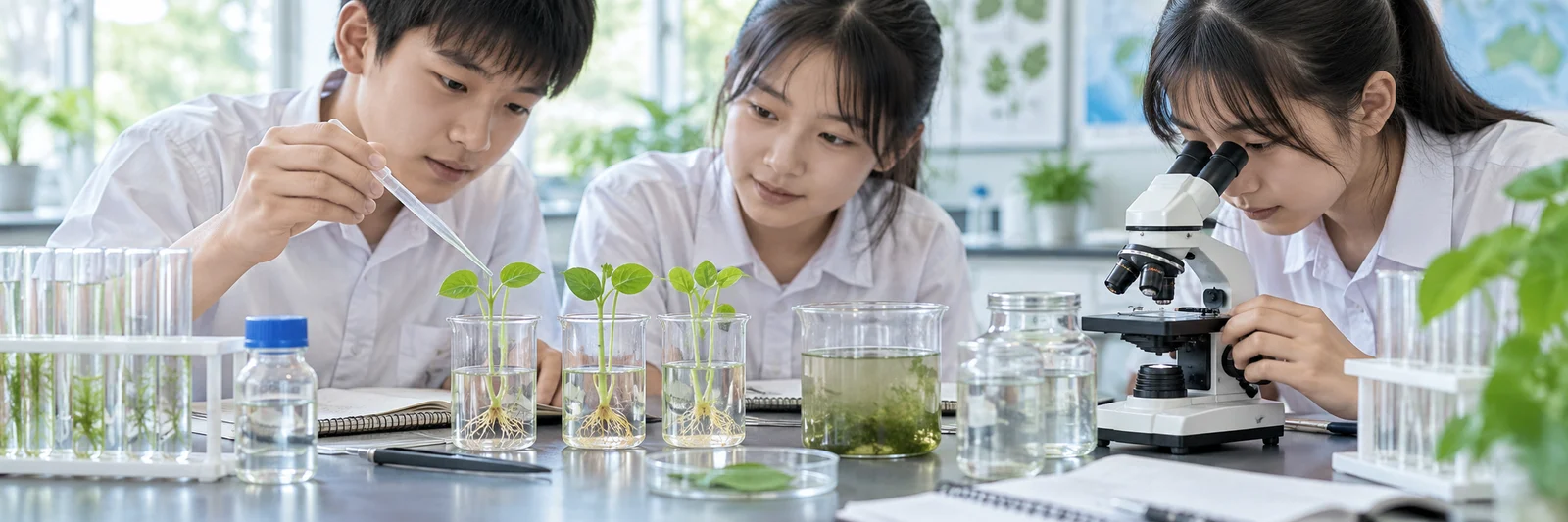 学生合作观察植物生长、使用显微镜研究水样并记录科学探究过程